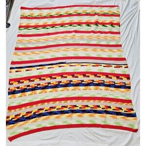 Vintage Crochet Afghan Throw Blanket 68X56 striped granny knit multicolor stripe